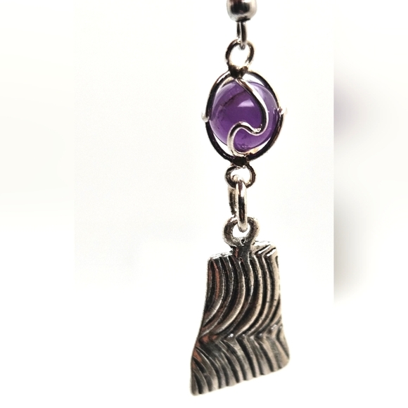 Vintage Natural Amethyst Sphere Wire Wrap Cage Dangle Earrings Silver - Picture 5 of 5